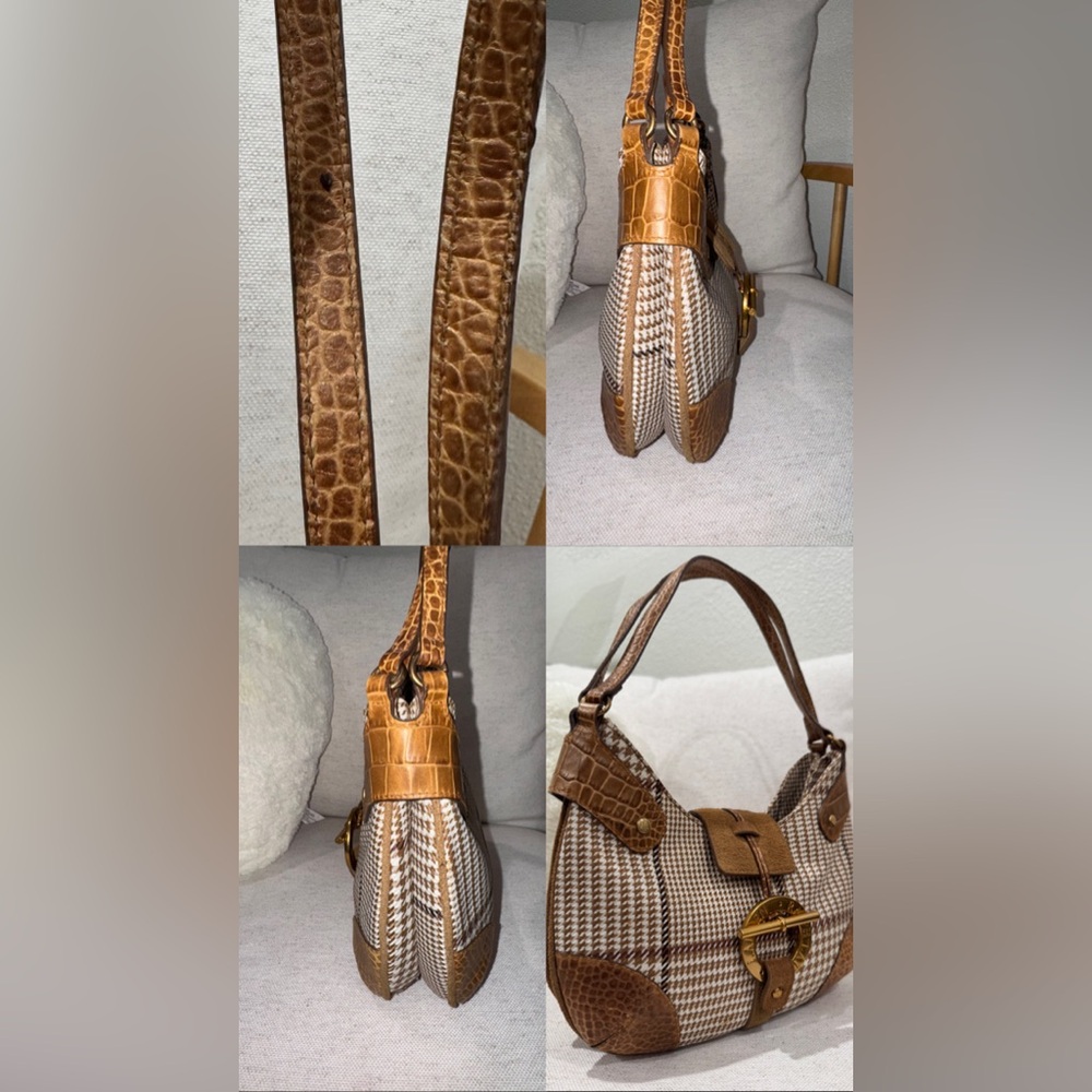‼️SOLD‼️Ralph Lauren Houndstooth Neutral Croc Leather Toggle Lock Hobo Bag Purse - Picture 15 of 16